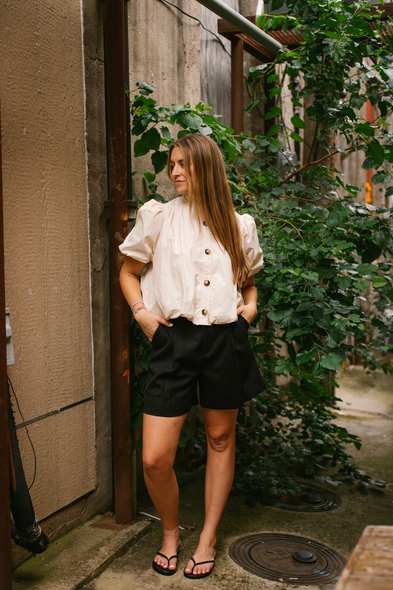 Ecru Bubble Button Up Trench Top