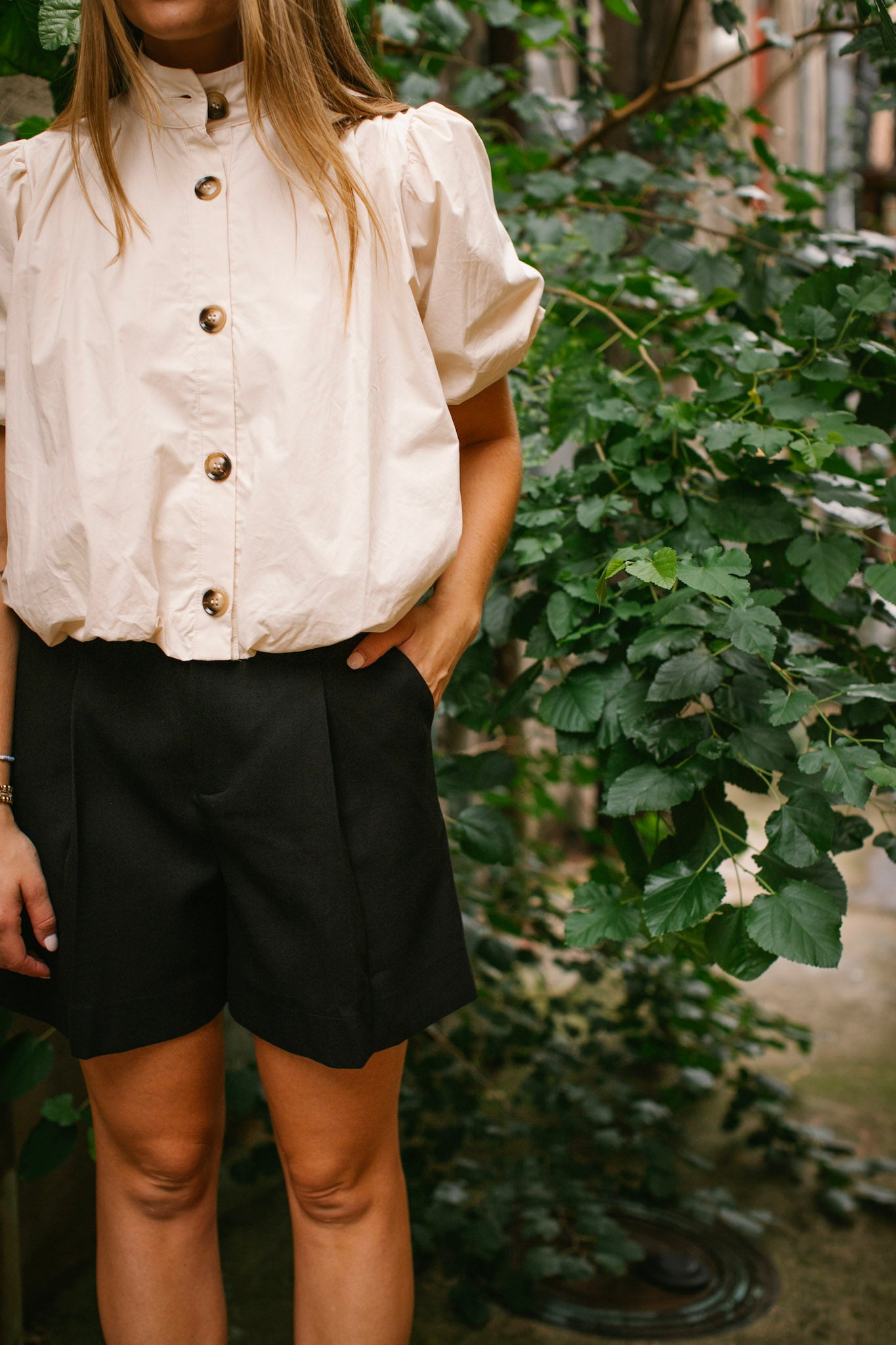 Ecru Bubble Button Up Trench Top