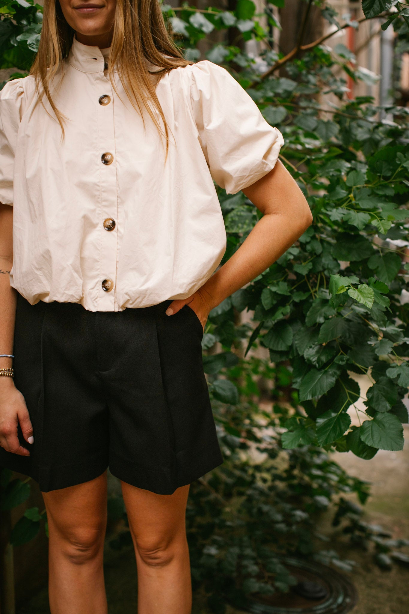 Ecru Bubble Button Up Trench Top