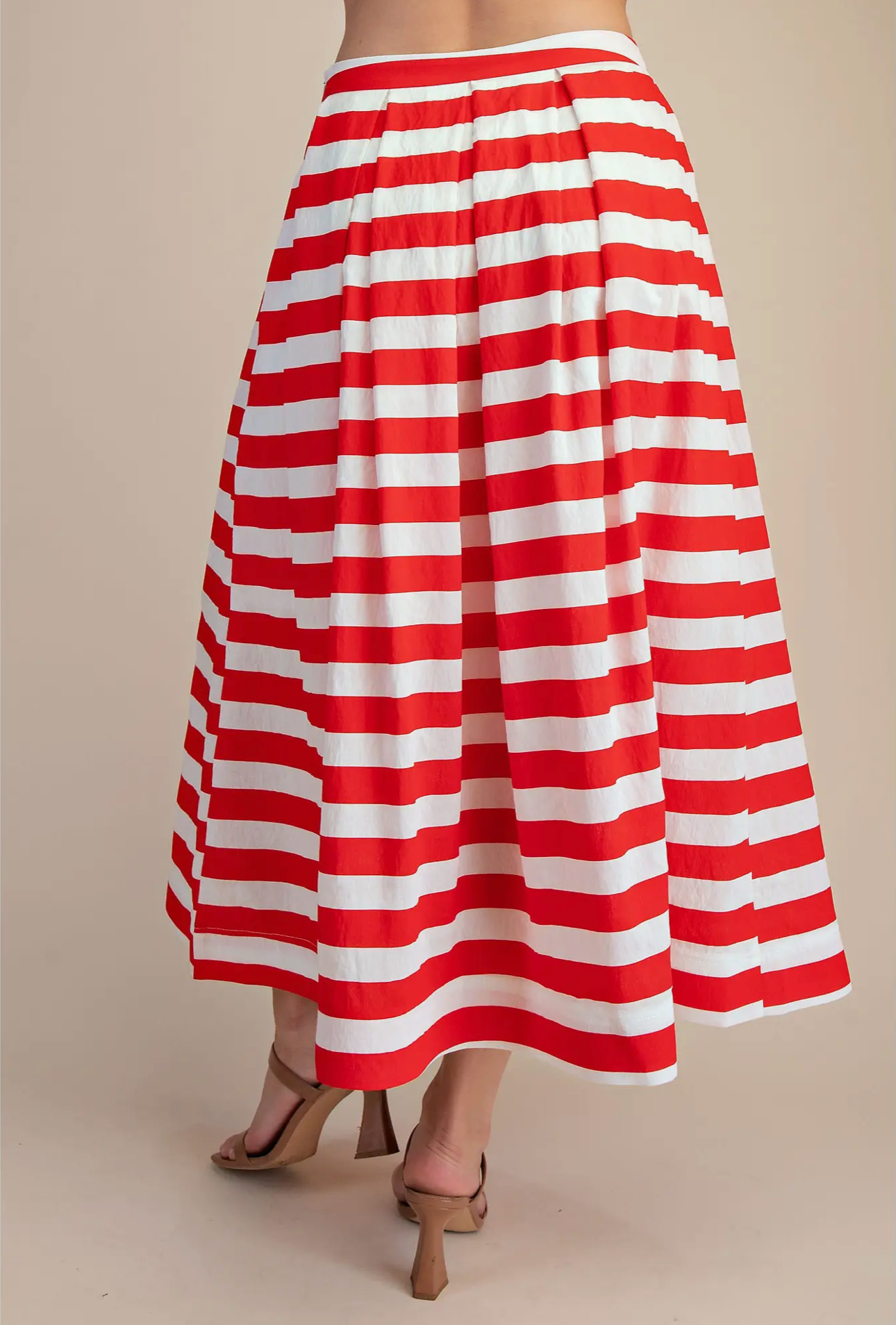 Red Stripe Pleated Midi Skirt