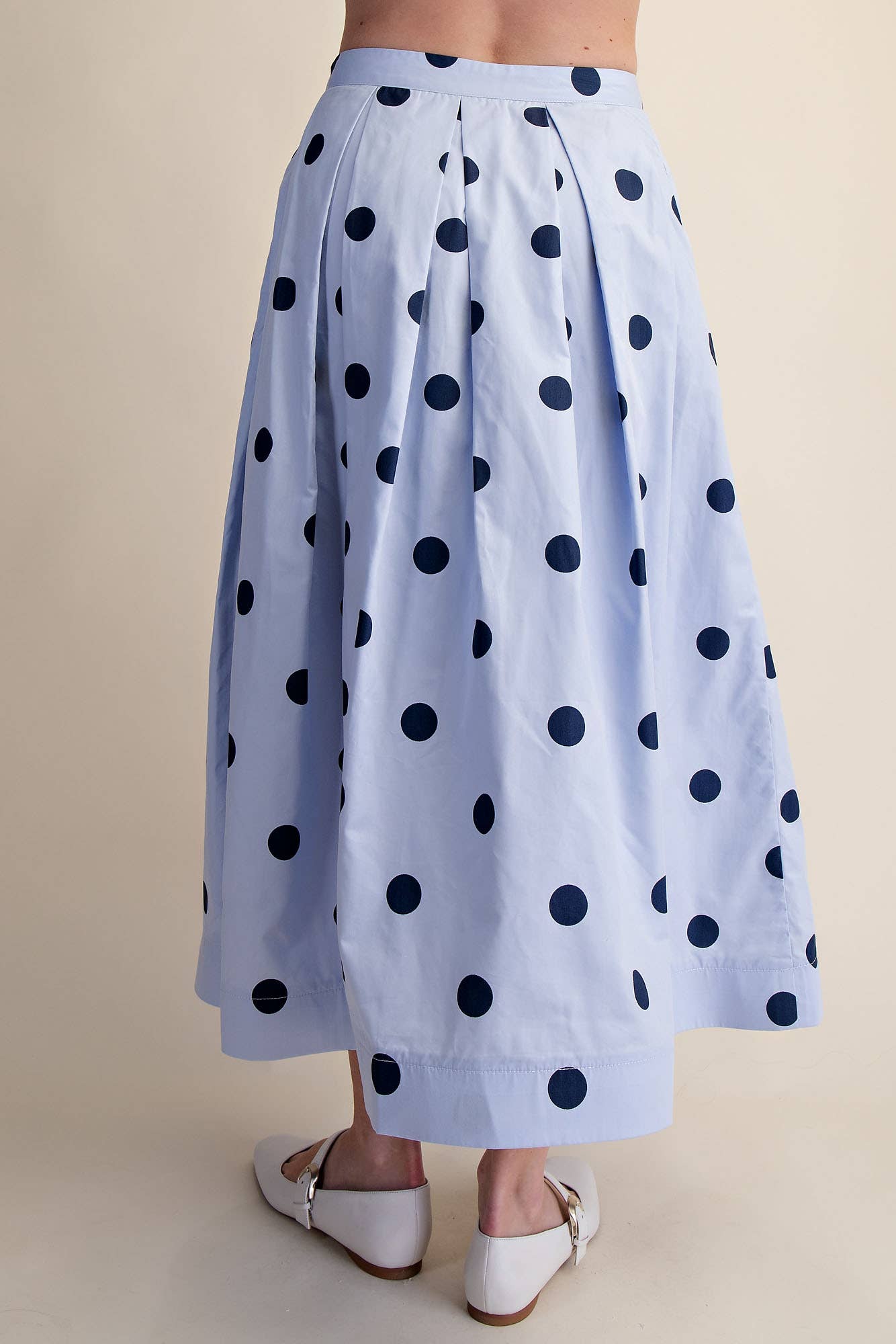 Blue Polka Dot Pleated Midi Skirt