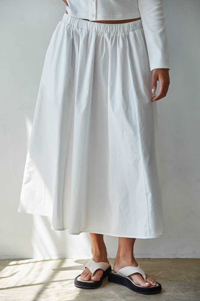 White Elastic Waist Midi Skirt